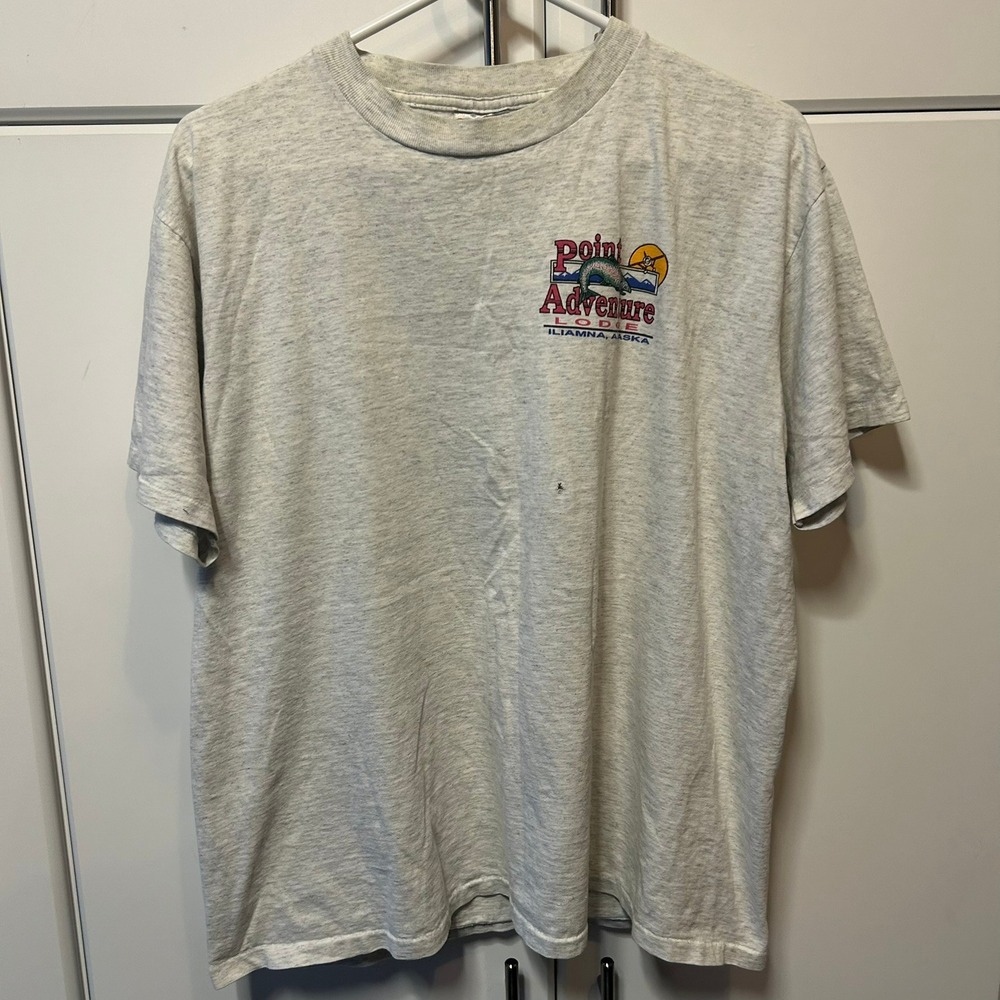 Vintage Oneita Power-T Point Adventure Lodge Alaska T-Shirt Gray Large USA Made‎